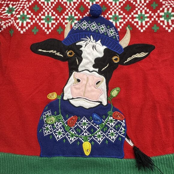 Festive Cow Holiday Christmas Sweater Size 2XL Red Blue Ugly Xmas Knit Pullover - Picture 3 of 15